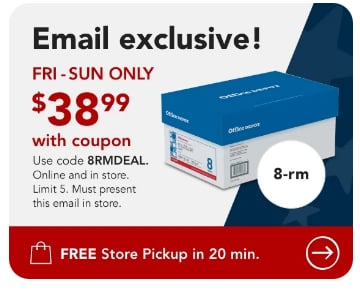 $38.99 Office Depot brand 8 ream case paper Online and Instore with coupon code