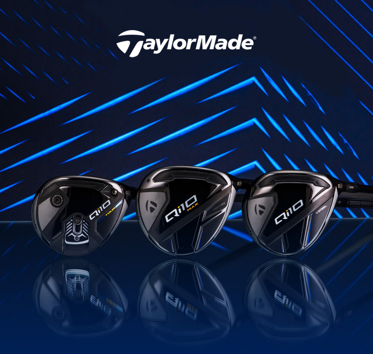 Dark blue and neon blue light stripe background with the TaylorMade logo in white on top and the Qi10 Tour Fairway, Qi10 Max Fairway and Qi10 Fairway laid down with bottom of clubs showing.