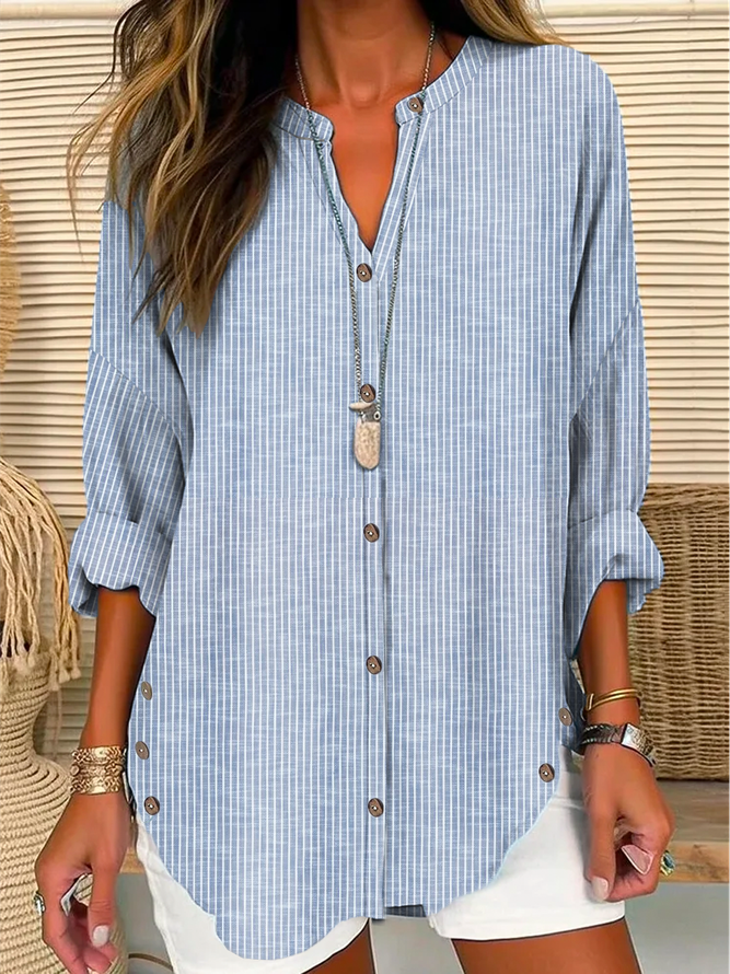 Women Tunic Shirt Collar Long Sleeve Striped Buckle Loose Blouse