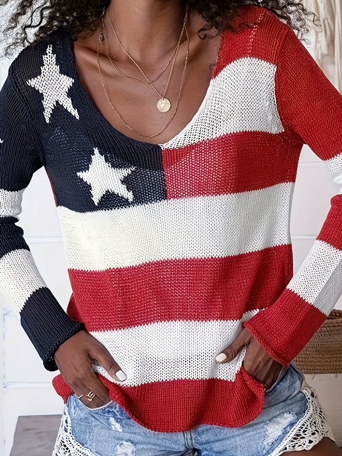 Women Yarn/Wool Yarn Striped Long Sleeve Comfy Casual Sweater