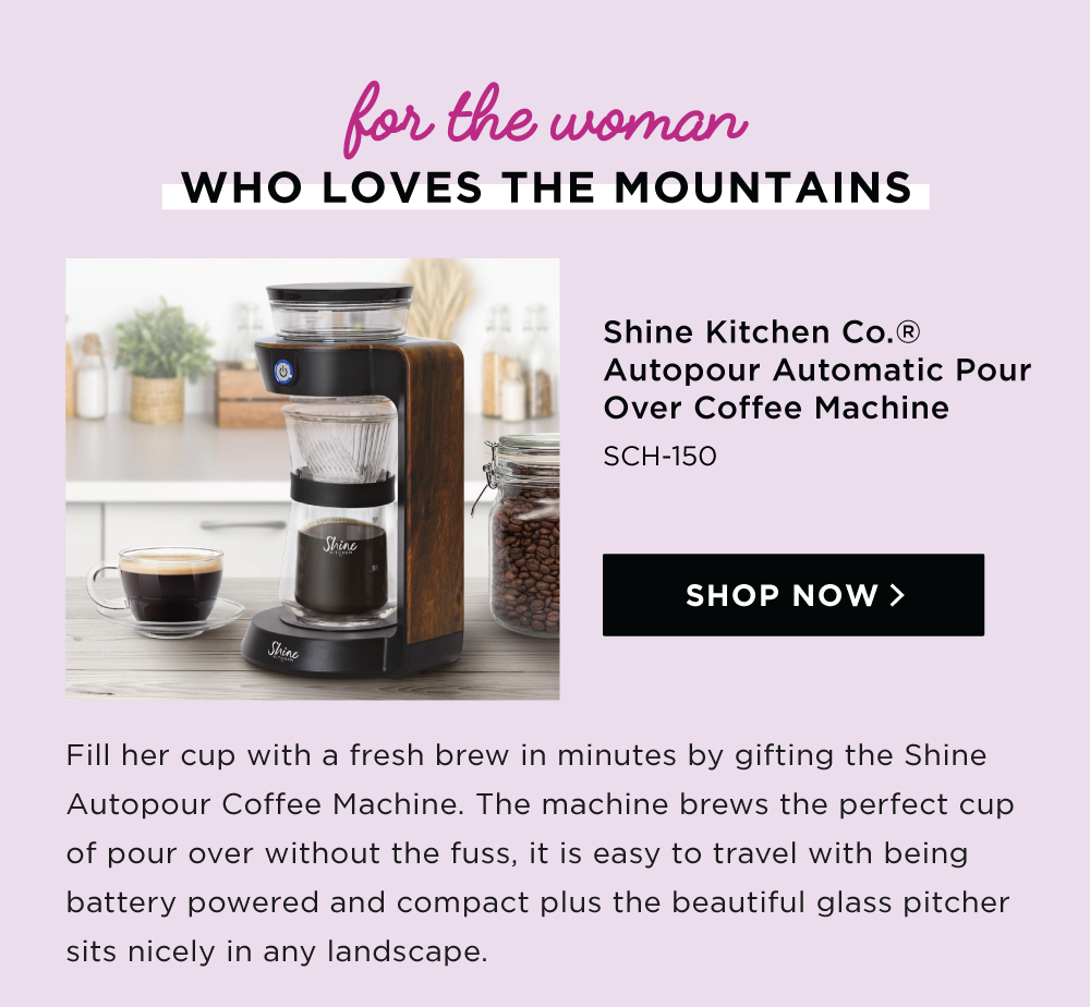 Fill her cup with a fresh brew in minutes by gifting the Shine Autopour Coffee Machine. The machine brews the perfect cup of pour over without the fuss, it is easy to travel with being battery powered and compact plus the beautiful glass pitcher sits nicely in any landscape.