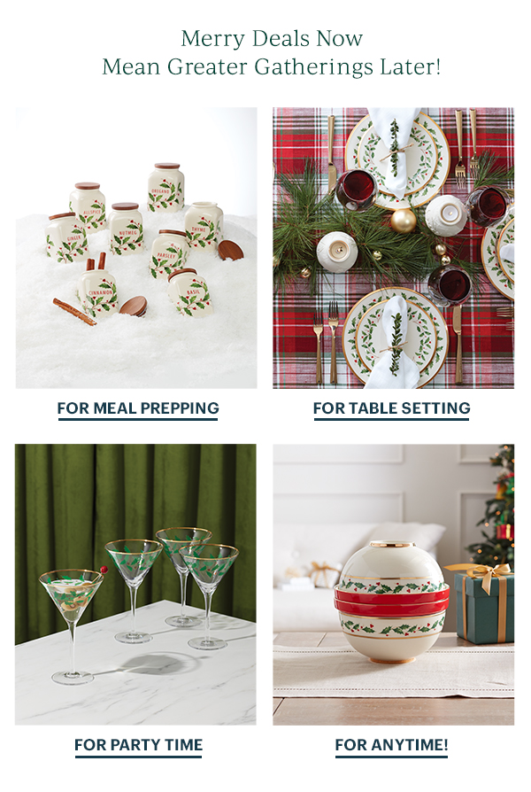 Merry Deals Now Mean Greater Gatherings Later!  FOR MEAL PREPPING  FOR TABLE SETTING  FOR PARTY TIME  FOR ANYTIME!