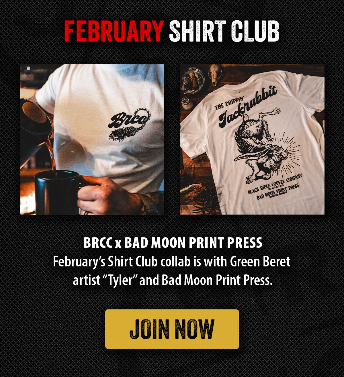 February Shirt Club | February’s Shirt Club collab is with Green Beret  artist “Tyler” and Bad Moon Print Press.