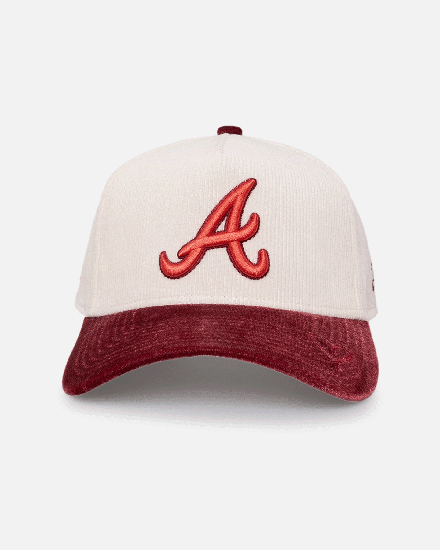 Image of New Era Atlanta Braves 'Premium Corduroy Velvet' 9FORTY A-Frame Snapback Chrome White/Cardinal