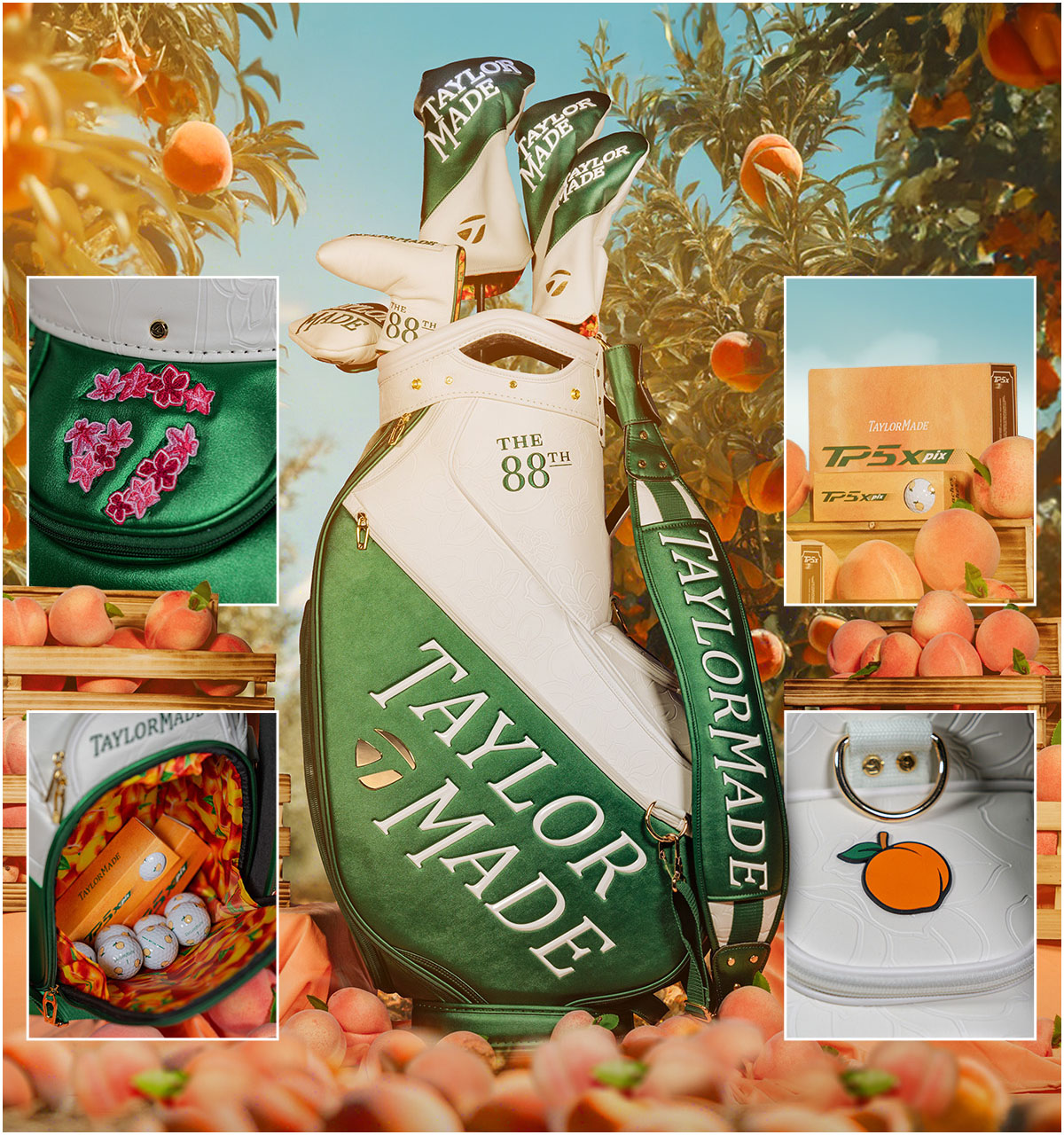 Season Opener Collection- image shows the season opener staff bag with all 5 season opener headcovers inside, surrounded by trees with peaches on them, and 4 individual photos collaged around the hero, showing the inside of the staff bag, Tp5x pix, the peach on the staff bag, and the azaleas on the staff bag