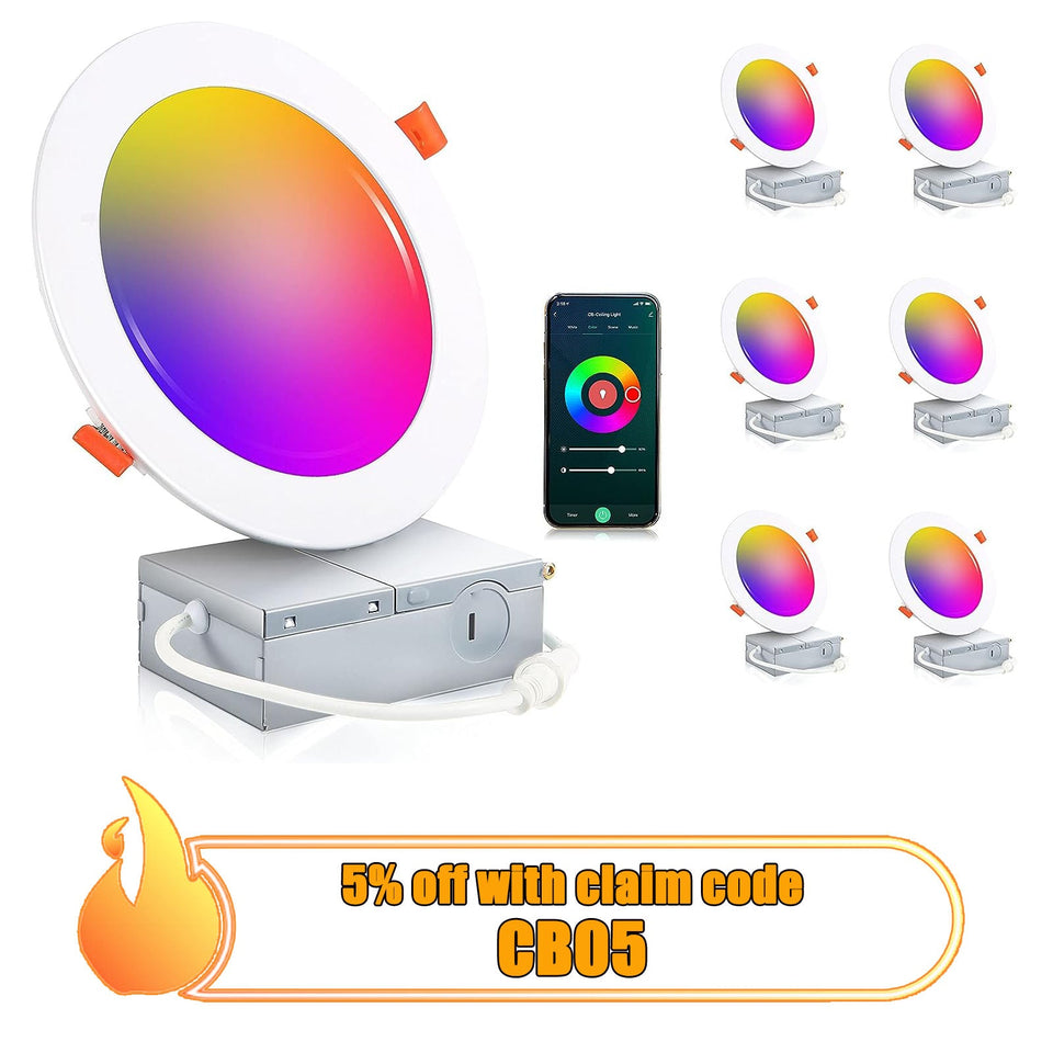 Smart Wifi Ultra Thin LED Recessed Light with Junction Box, 6 Inch, RGB CW Color Changing, Compatible with Alexa and Google Home Assistant, 2700K-6500K, CRI90+, Type IC, WET Location