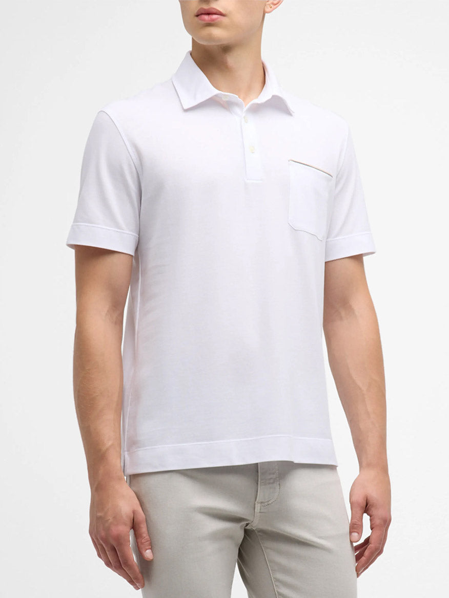 Image of Zegna Polo Pure Cotton Piqué with Leather Trim Pocket in White