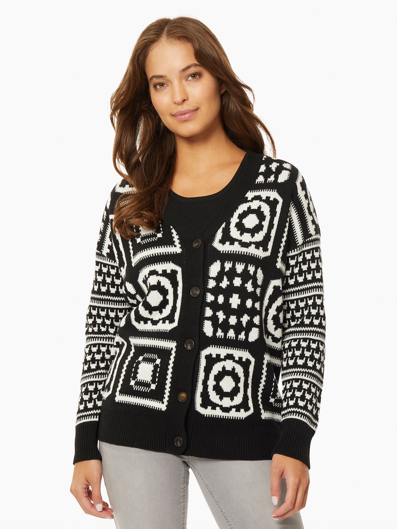 Image of Patchwork Pattern Jacquard Boyfriend Cardigan