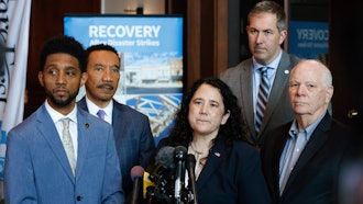 Small Business Administration administrator Isabel Guzman, surrounded by Baltimore Mayor Brandon Scott, from left, Rep. Kweisi Mfume, D-Md., Baltimore County Executive Johnny Olszewski and Sen. Ben Cardin, D-Md., speaks during a press conference at the SBA business recovery center, Thursday, April 4, 2024, in Baltimore.