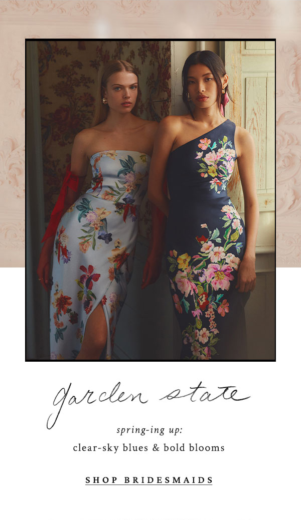 Women in blue floral dresses. Shop bridesmaids.