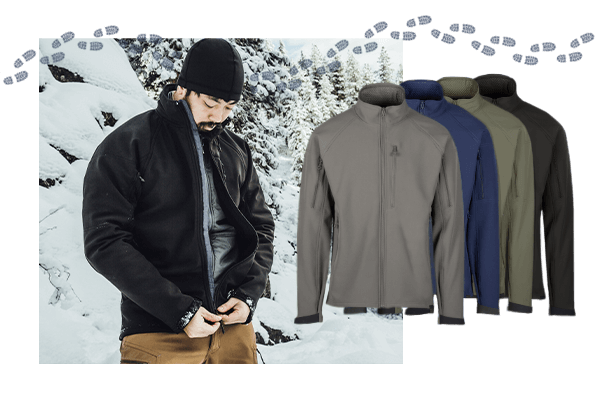 Man wearing the Black Testa Softshell jacket  while in a snowy forest. Studio imagery of the other colors of the Testa Softshell jacket presented on the right side