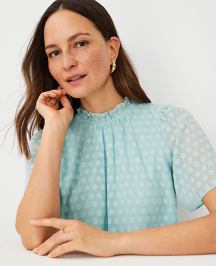 Polka Dot Garden Clip Ruffle Mock Neck Top