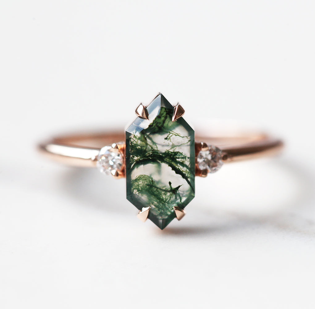 Image of Hayley Hexagon Moss Agate Ring With Diamonds