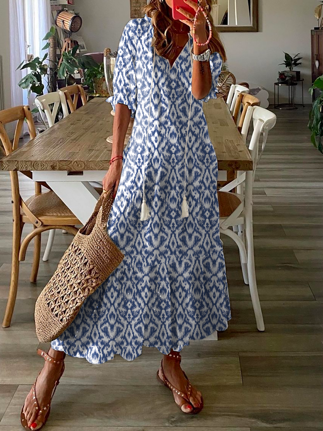 Women's Shift Dress Maxi Dress half Sleeve Floral Print Summer Fall V Neck Casual Geometric Printed Dress