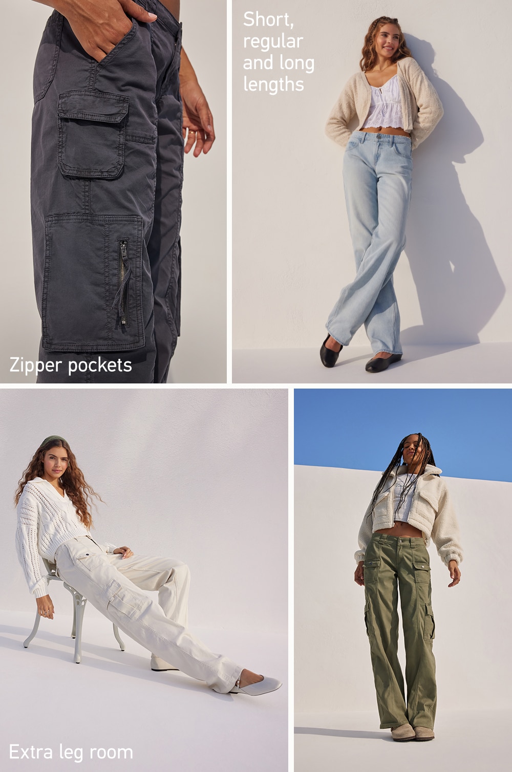 Zipper pockets
Short, regular and long lengths
Extra leg room