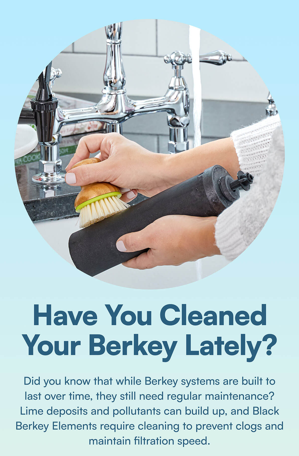 Have you cleaned your Berkey lately? Did you know that while Berkey systems are built to last over time, they still need regular maintenance? Lime deposits and pollutants can build up, and Black Berkey Elements require cleaning to prevent clogs and maintain filtration speed.