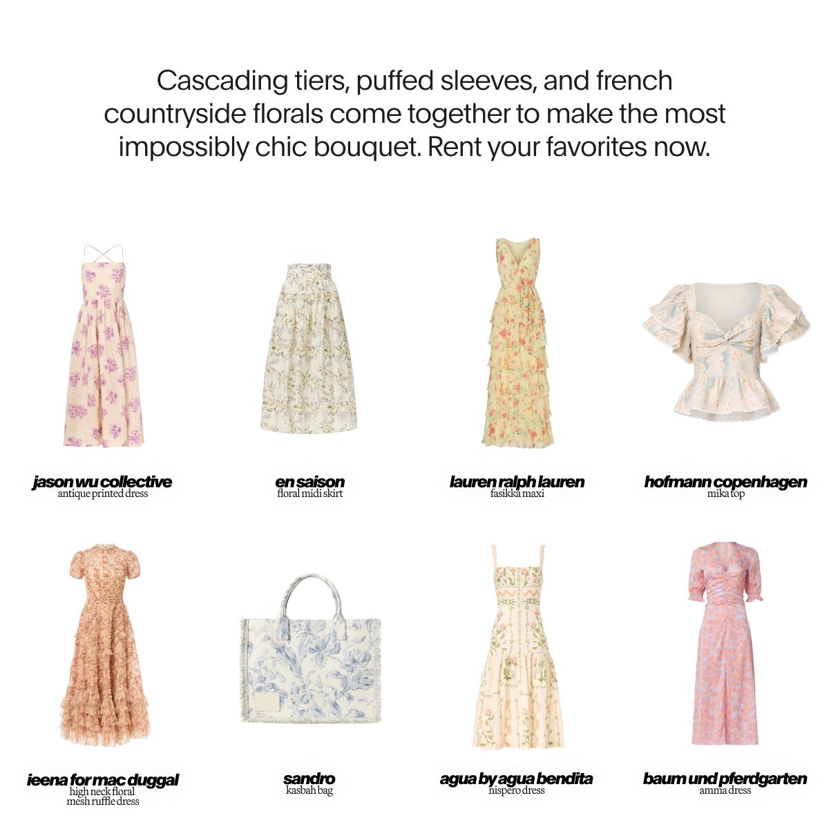 Cascading tiers, puffed sleeves, and french countryside florals come together to make the most impossibly chic bouqet.