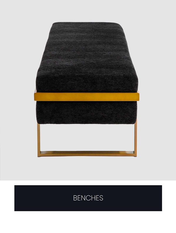 Bench category featuring the Athena bench in Opaque Gold finish with Mid Black fabric.