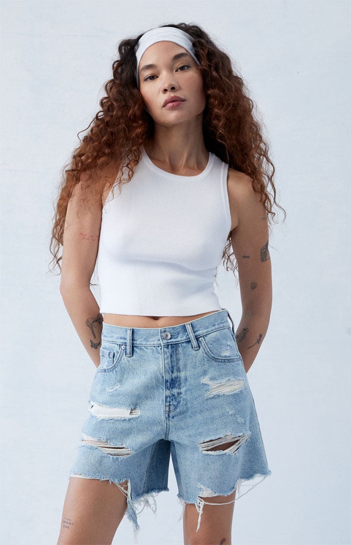 Image: Eco Light Indigo Ripped High Waisted Relaxed Jorts