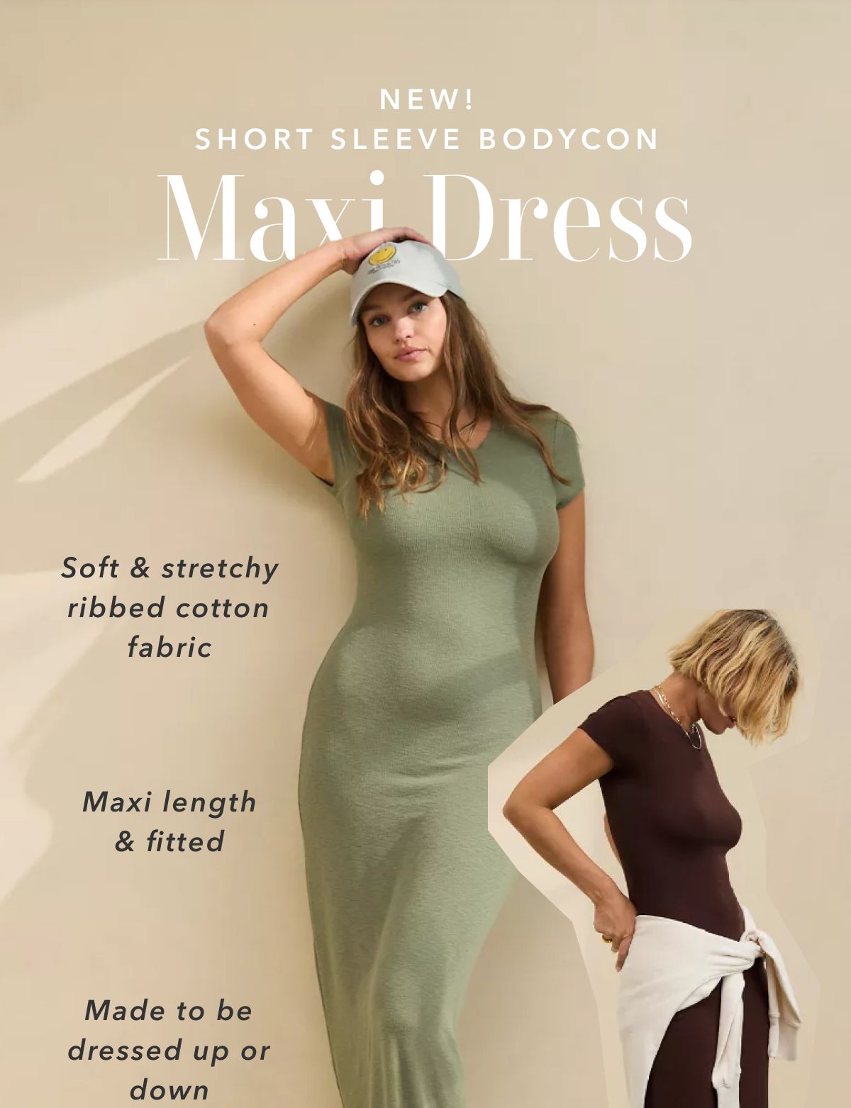 New! Short Sleeve Bodycon Maxi Dress | Soft & stretchy ribbed cotton fabric | Maxi length & fitted | Made to be dressed up or down