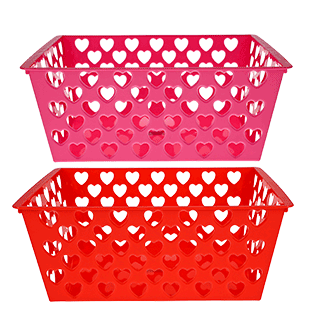 2 rectangular heart baskets in pink and red