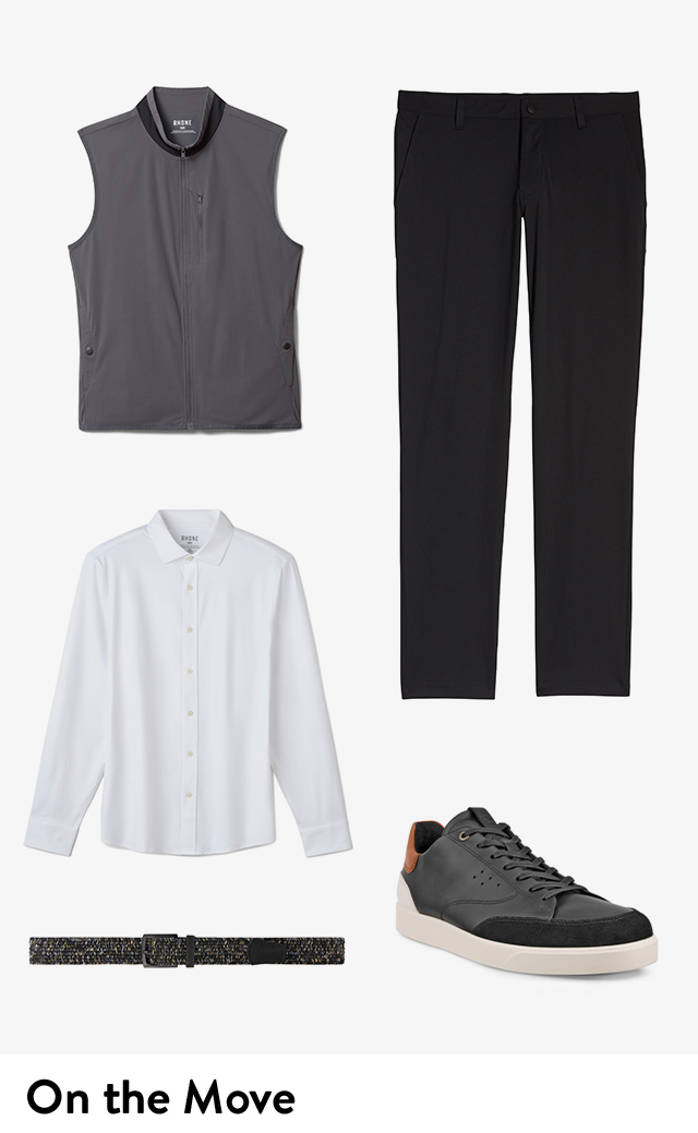 Zip front vest, button-up shirt, slim-fit pants, woven belt, sneakers.