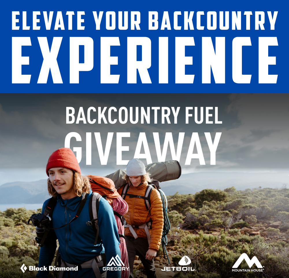 Elevate Your Backcountry Experience Graphic two people hiking and partnered brands' logos