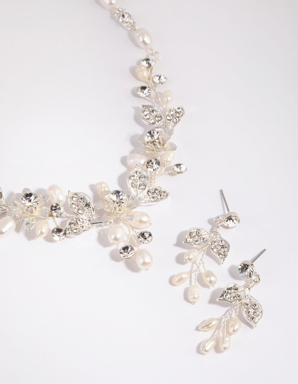 Image of Silver Diamante & Pearl Wire Necklace & Earrings Set