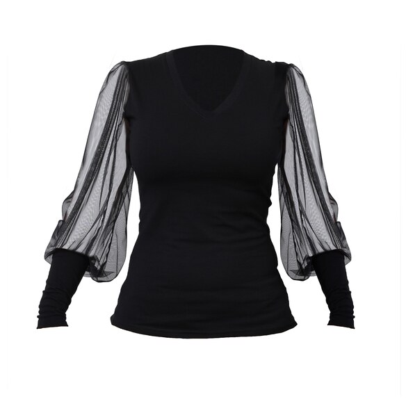 V-Neck Casual Top With Tulle Sleeves in Black