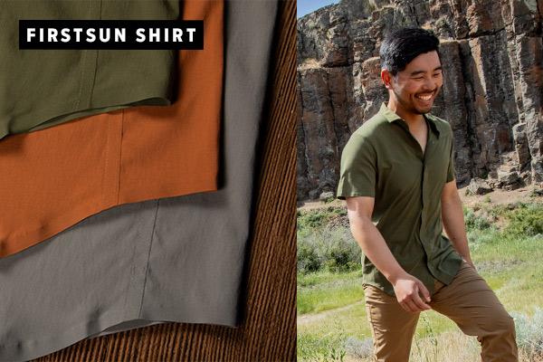 Man wearing the FirstSun Shirt while hiking in a high-desert landscape with an image overlay of the three colors of the FirstSun Shirt: Desert Clay, Evergreen, Moonstone