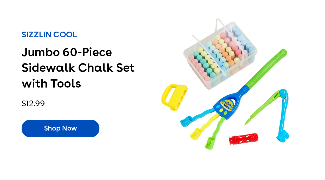 Sizzlin Cool Jumbo 60 piece sidewalk chalk set with tools $12.99 Shop Now