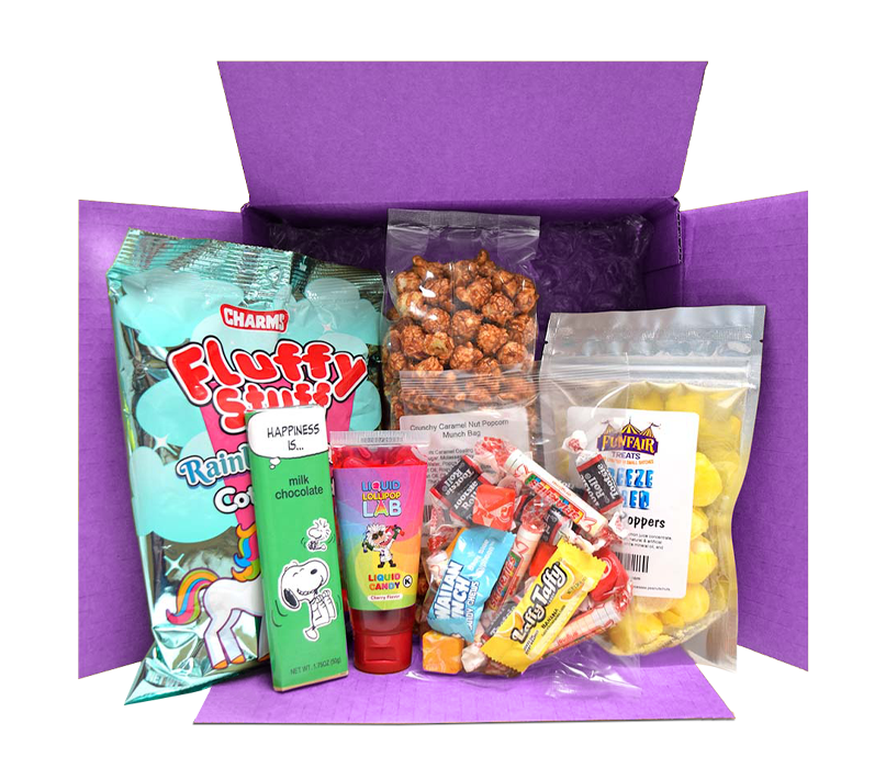 Purple box packed with snacks