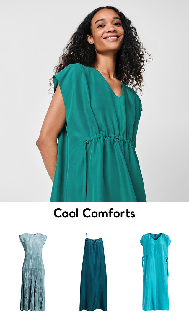 A woman wearing a teal dress from Eileen Fisher. An assortment of Eileen Fisher dresses.