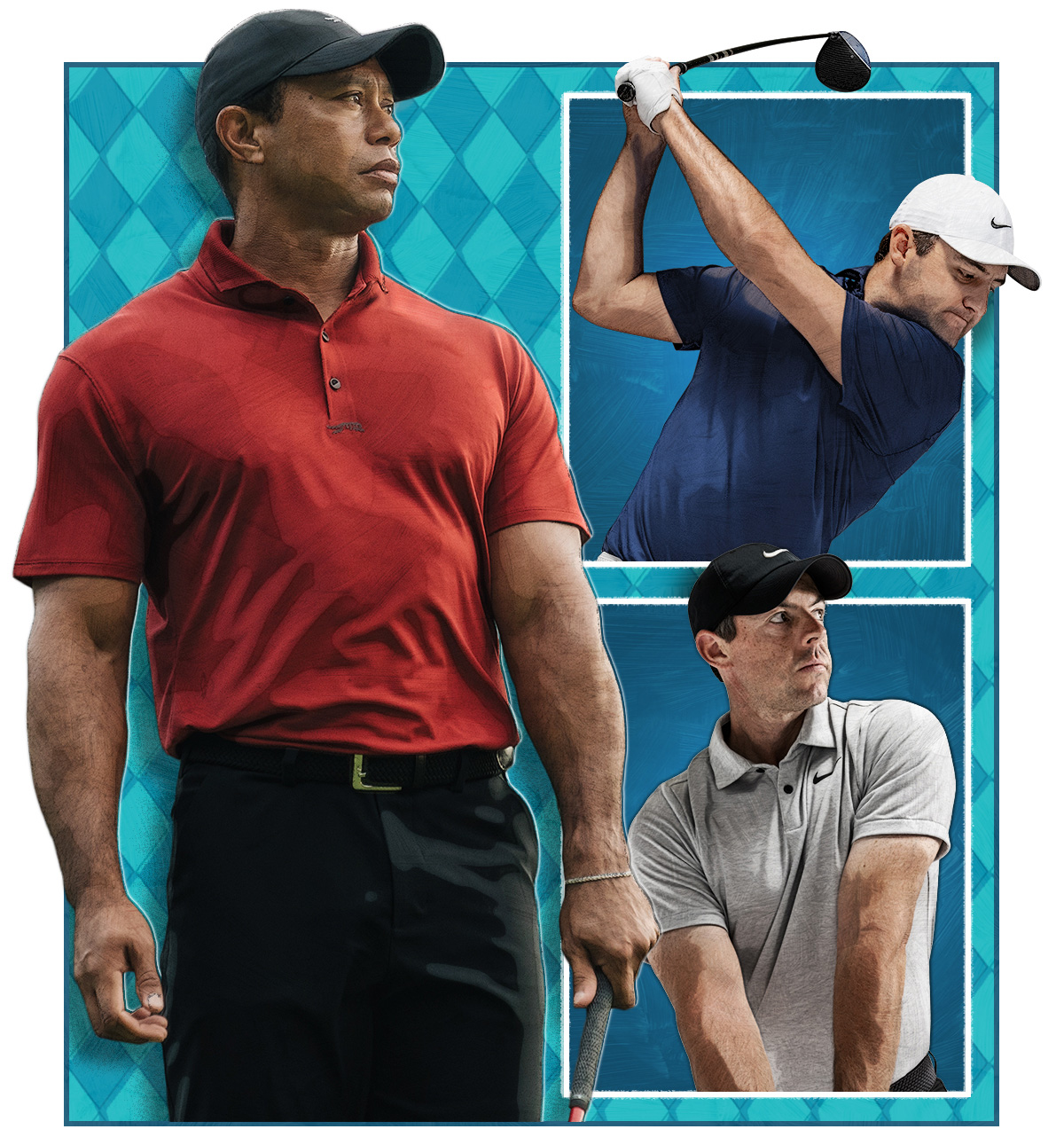 Tiger Woods, Scottie Scheffler and Rory Mcilroy drawn on a blue checkered background