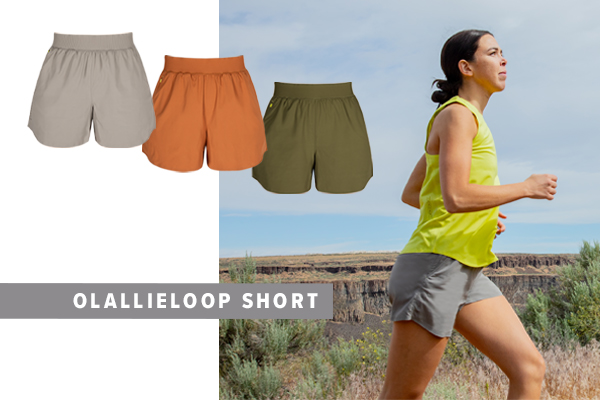 Woman trail running while wearing the olallie loop short