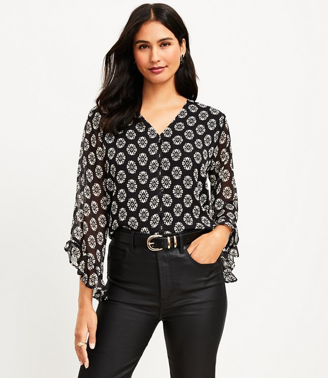 Geo V-Neck Ruffle Cuff Blouse