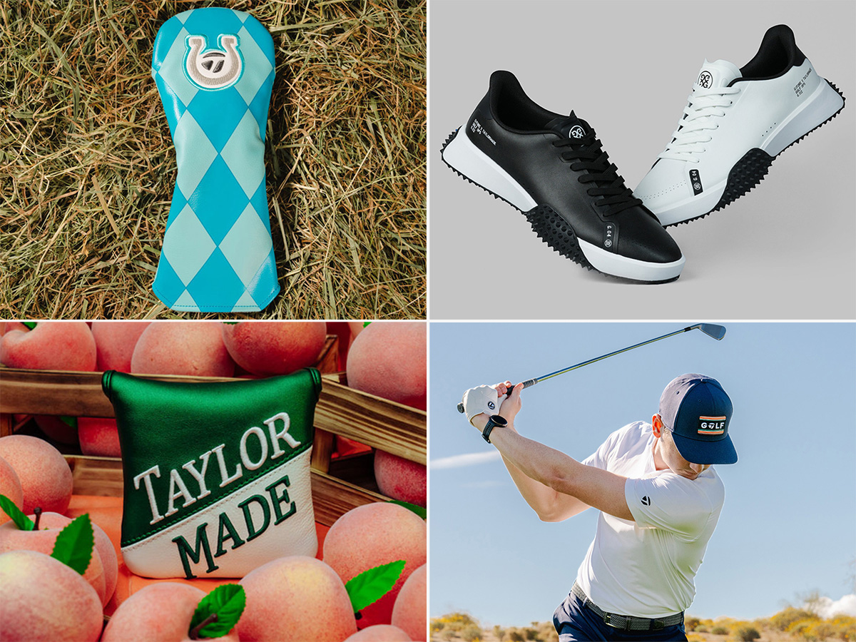 Grid image of the Silks Fairway Headcover, G.112 Footwear, Season Opener Spider Headcover and golfer wearing a white Solid Performance Jersey Polo