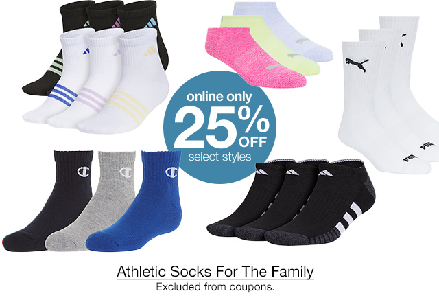 Online only. 25% Off select styles. Athletic Socks For The Family. Excluded from coupons.