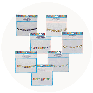 Assortment of party banners saying &#x22;congrats, let's party, oh happy day,&#x22; and more