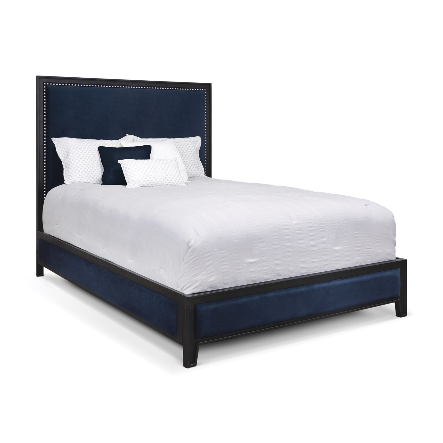 Avery 1231 bed shown as Queen HB_FS in Aged Iron finish with Chronicle Navy Fabric