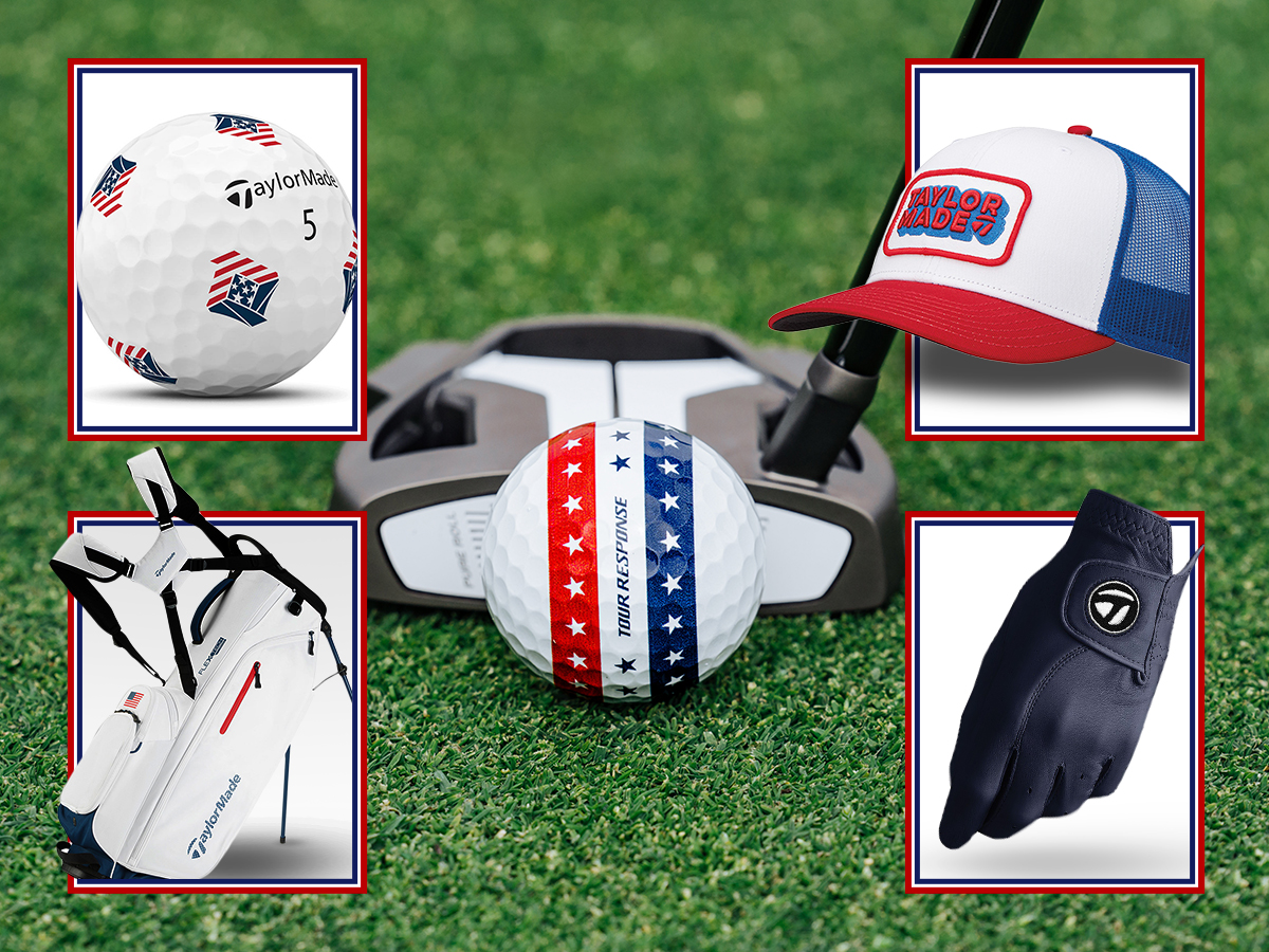 Tour Response Stripe USA golf ball lined up in front of a Spider putter on the green, with 4 individual frames around the photo, one showing TP5 Pix USA, one showing FlexTech Crossover USA, one showing USA trucker hat and one showing Tour Preferred glove in navy