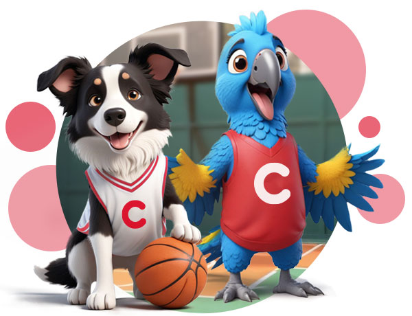 Dog & Parrot playing basketball