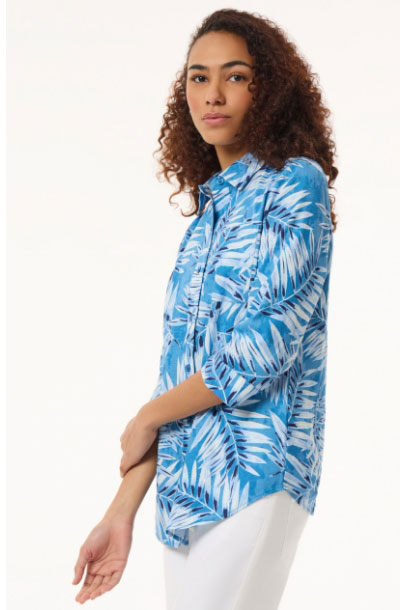 Button Front Tropical Shirt, Printed Linen