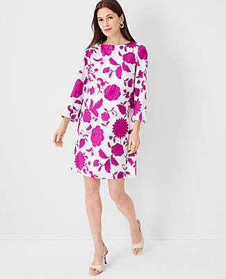 Floral Linen Blend 3/4 Sleeve Shift Dress