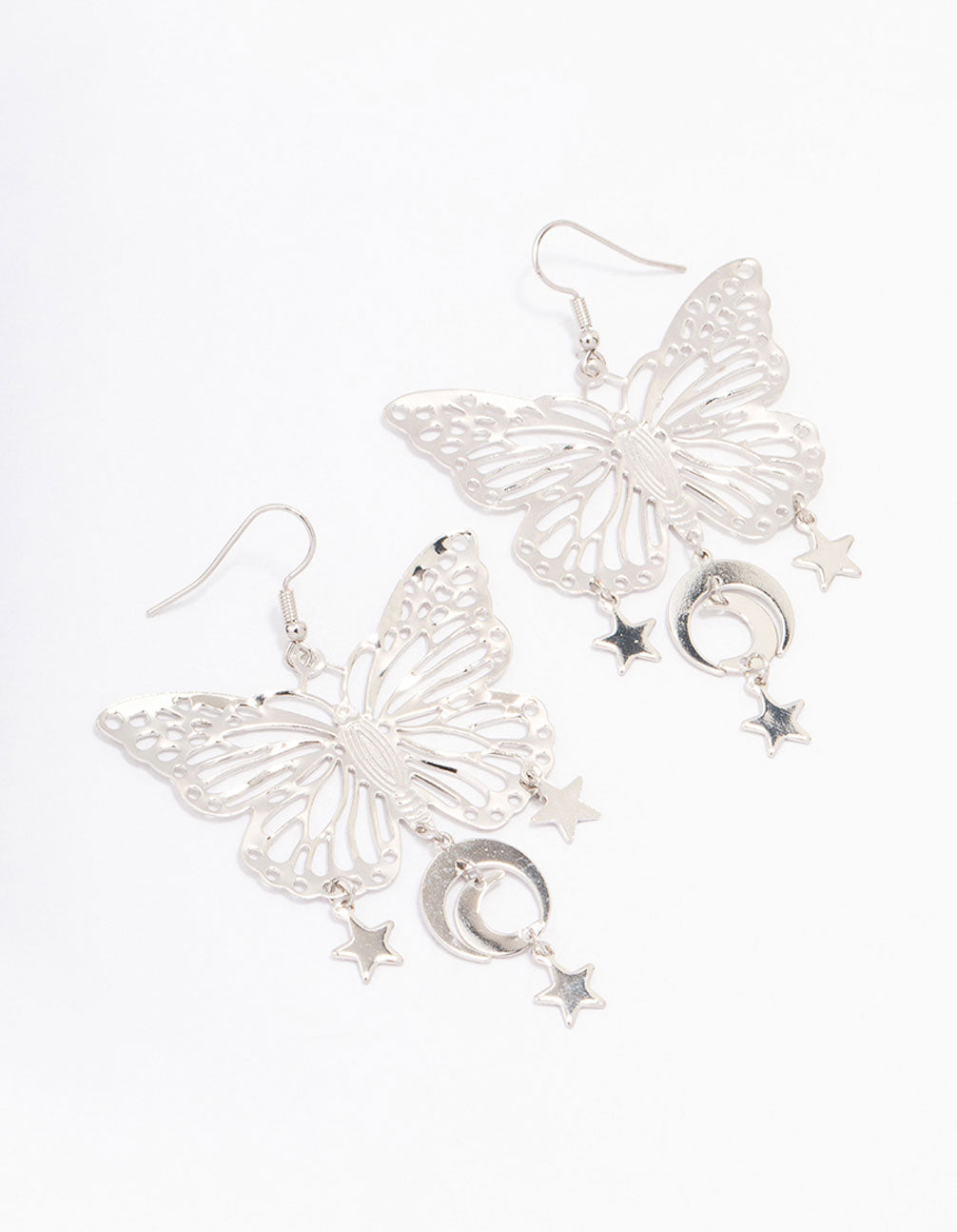 Image of Rhodium Butterfly Moon Drop Earrings