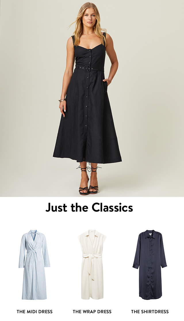 A woman wearing a black midi dress with strappy black sandals. A striped blue-and-white shirtdress. A cream wrap dress. A navy shirtdress.