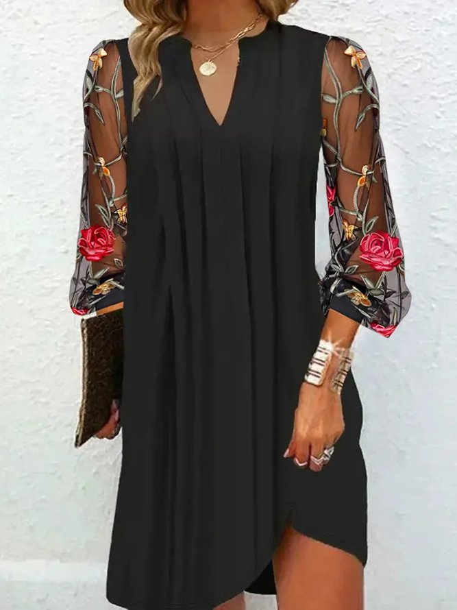 Women Floral V Neck Long Sleeve Comfy Casual Mesh Short Dress