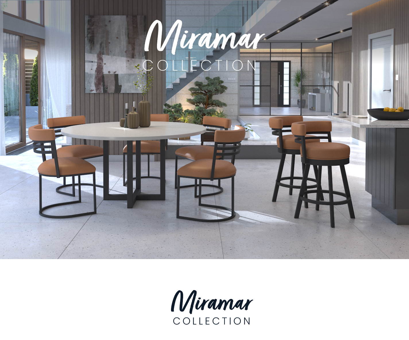 Miramar barstools and chairs with the Ness table are shown in a sleek modern home. The barstools and chairs are shown in Matte Black finish with Dillon Luggage Vinyl. The Ness table base is shown in Matte Black finish with a Pebble wood top.