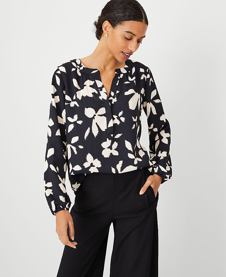 Floral Shirred Split Neck Popover