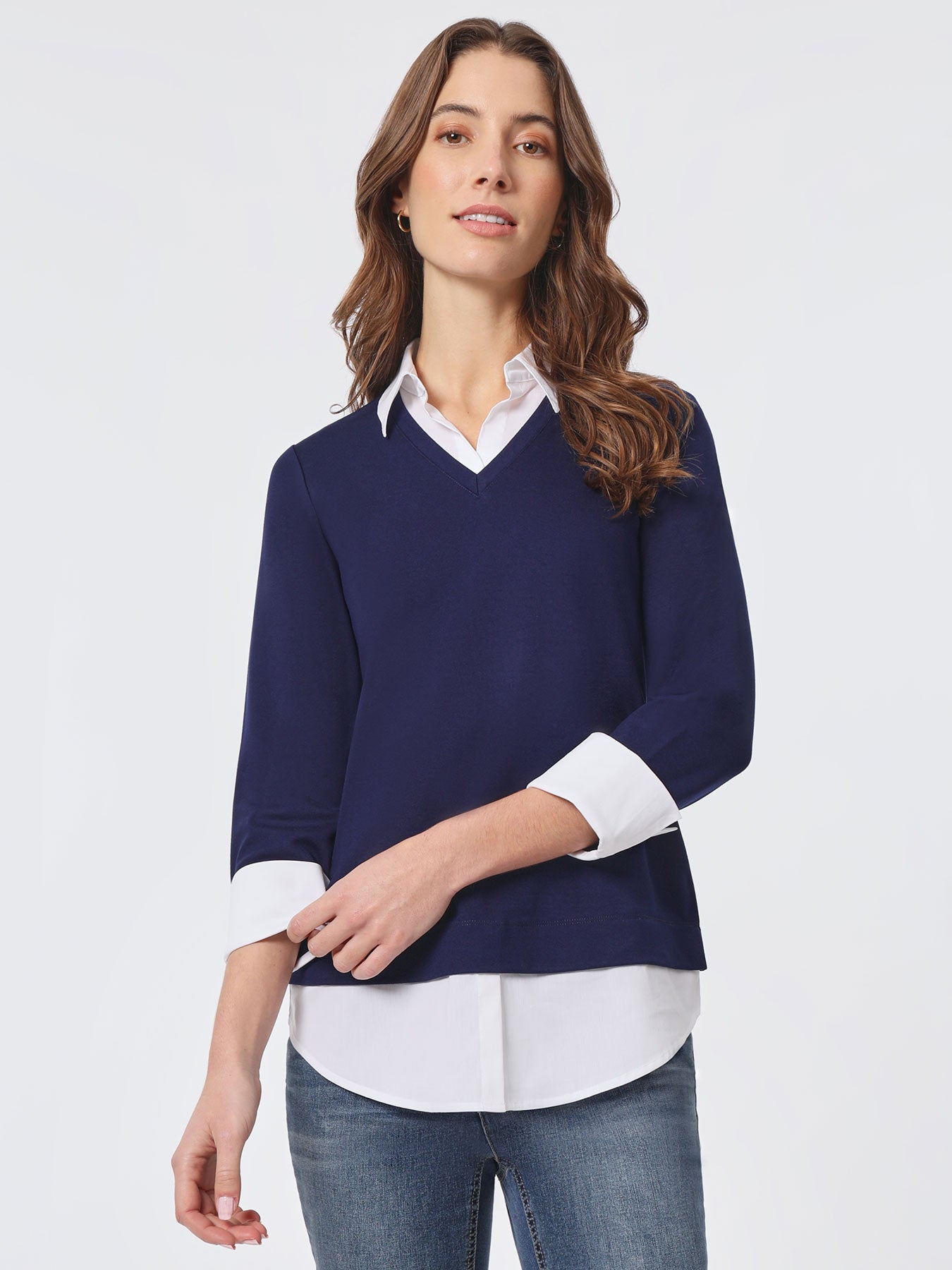 Image of Solid V-Neck Knit Combo Top